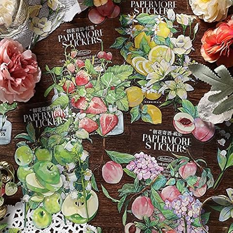 Vintage Stickers for Journaling, Clear Waterproof Stickers Set - Maxleaf 40PCS Flowers Fresh Fruits Collection Big Size Waterproof Stickers for Decoration Planners Scrapbook Laptops DIY Craft Journals Cover