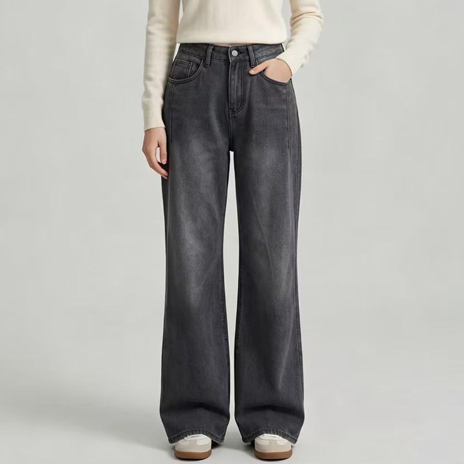 Jean Évasé Femme Uni Poches Latérales Denim Résistant Classique Décontracté