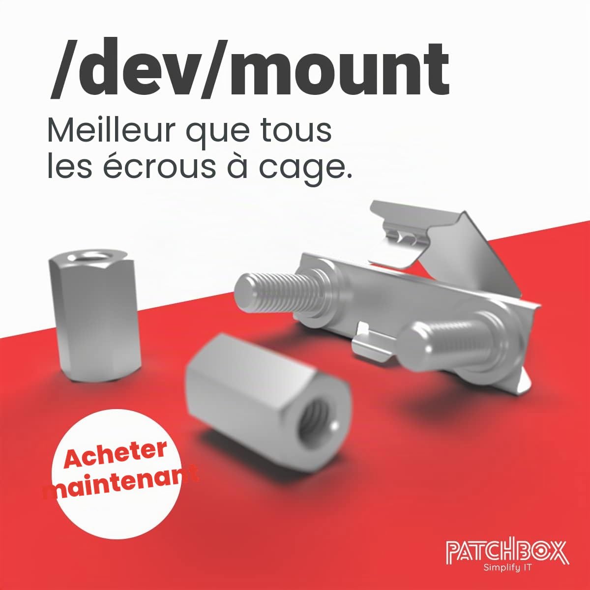 /dev/mount 50-Pack - Alternative aux écrous à cage de PATCHBOX, remplacement des vis de rack pour les rails de serveur de 19", plus facile & rapide que les écrous à cage M6. Montage facile du matériel