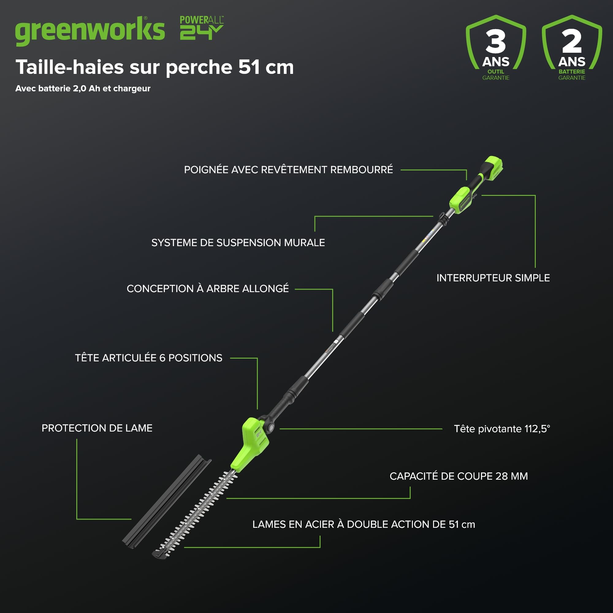 Greenworks 24V Cortasetos Pértiga a Batería con Eje Divisible, Cuchillas Doble Acción 51 cm, Cortes 28 mm, Pivote Cabezal de 112.5°, 3200 SPM, Batería y Cargador, 3 Años de Garantía PH24B211-01