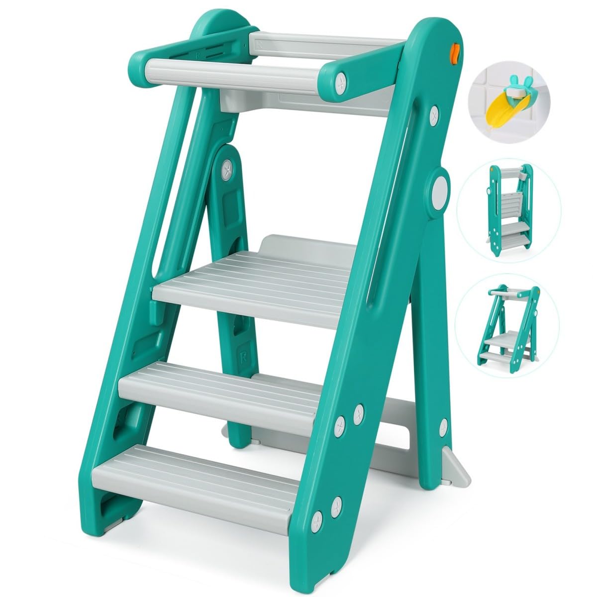OnastiToddler Learning Tower, Folding toddler kitchen step stool, standing tower for kitchen counter bathroom, Adjustable Height, Safety bar (Green)