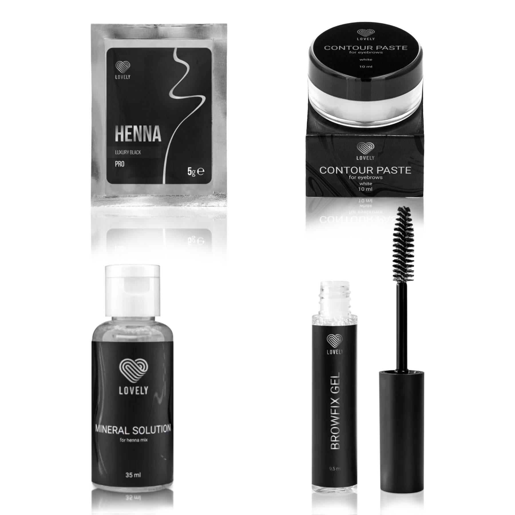 LOVELY Zestaw do brwi henny – kolor: Luxury Black wraz z mineralnym roztworem do tworzenia kolorów, pastą konturową i żelem do brwi – do definiowania, pełnych brwi i długotrwałego koloru brwi