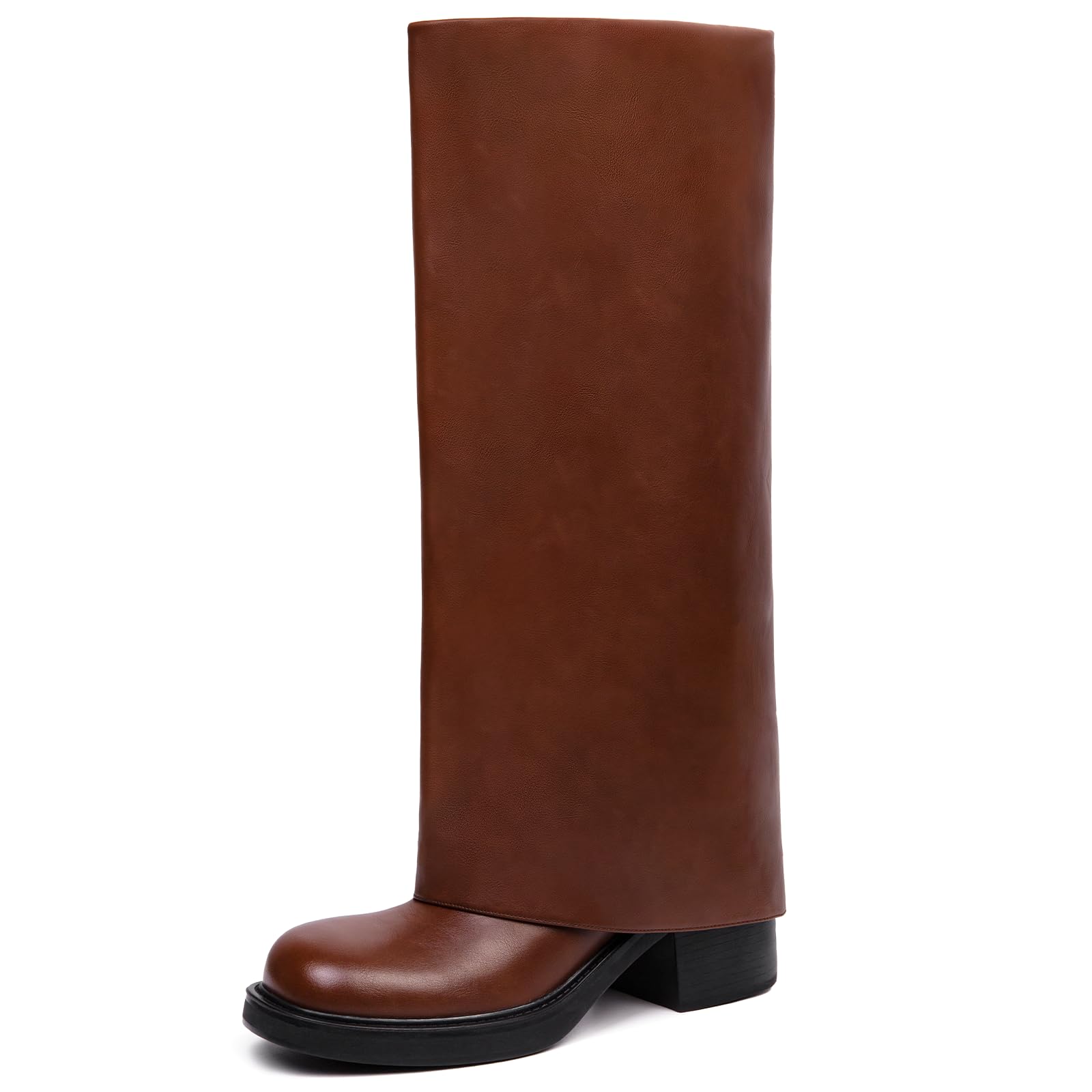 Fold Over Knee High Boots for Women Square Toe Pull on Comfortable Slouchy Platform Tall Boots