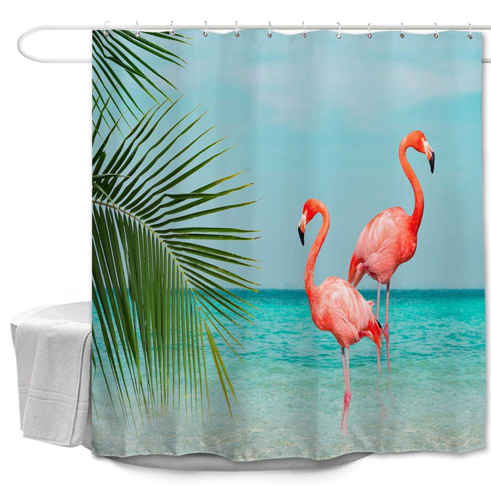 Oduo Beach Sea Water 3D Shower Curtains Bathroom Shower Curtains Mould Proof Resistant Waterproof Washable Shower Curtain Liner With 10 Or 12 Hooks - Flamingo Print Bath Curtain (,180X220cm)