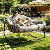 Baloveby Fauteuil à Bascule Surdimensionnée Charge 130 KG,Chaise à Bascule Papasan en Rotin avec Coussin Rembourré Amovible, Cadre en Métal pour Intérieur et Extérieur, Jardin Salon Balcon Terrasse