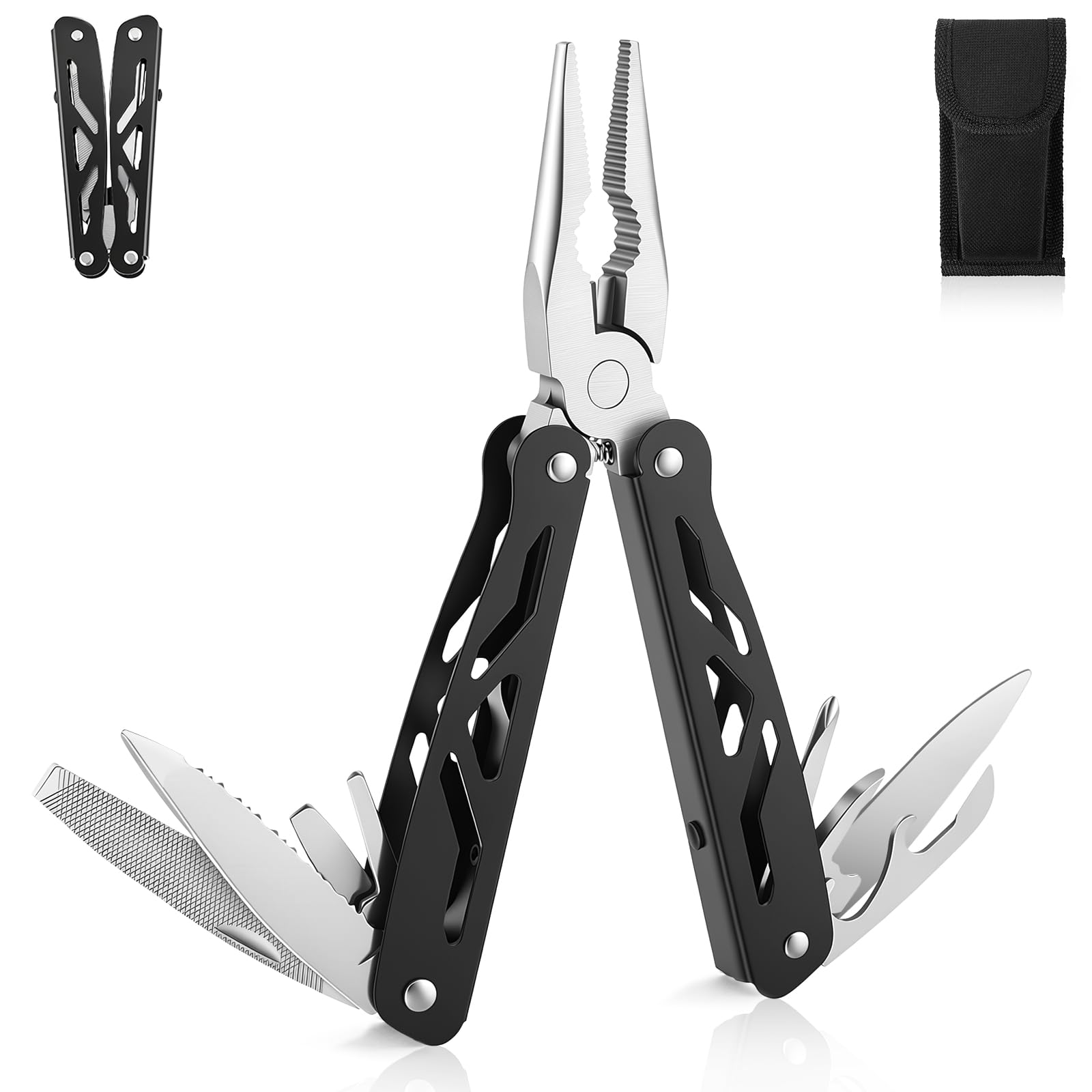 URAQT Coltello Multiuso, 12 in 1 Pinza Multifunzione in Acciaio Inox, Multiutensile, con taglia lama, cavatappi, lima per unghie, per DIY, campeggio, Idee Regalo Uomo Compleanno Regalo Anniversario