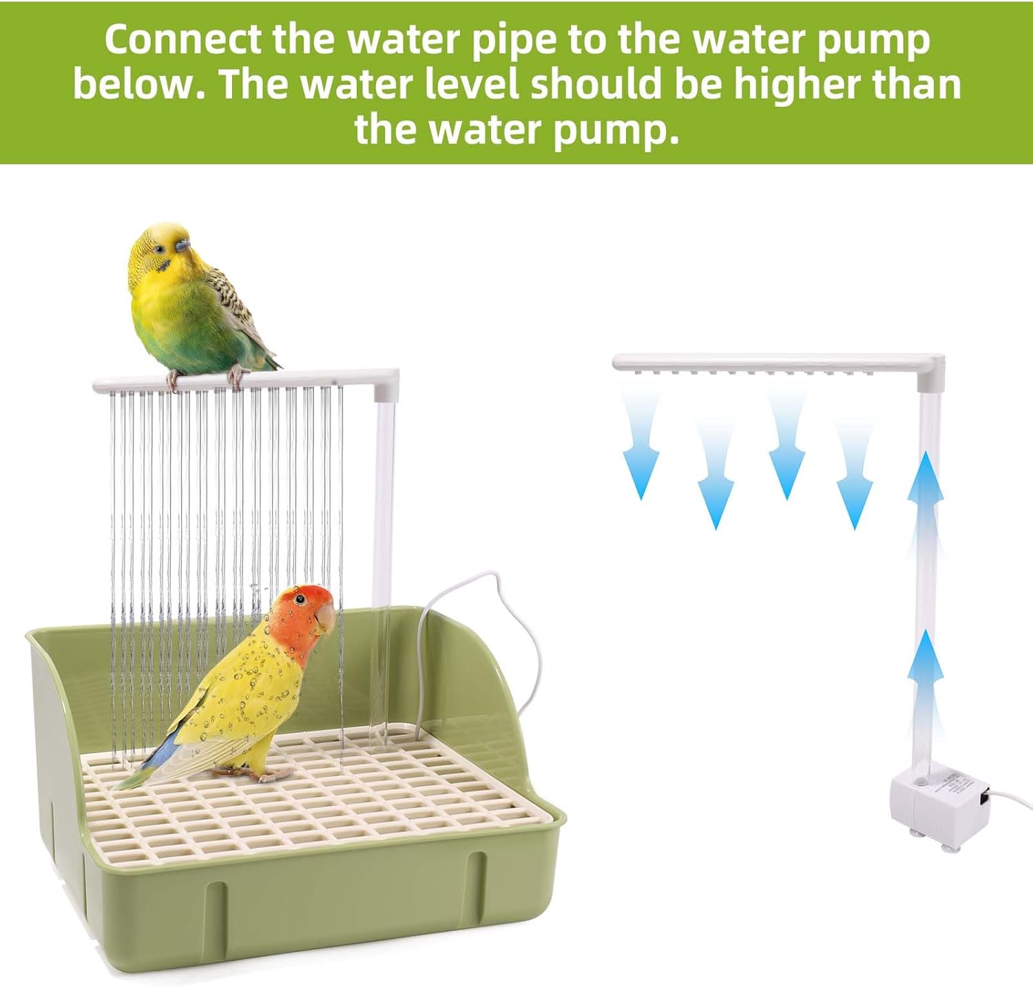 Automatic Parakeet Bird Bath, Large Bird Shower Fountain Automatic Parrot Birds Bath with Pump USB Powered Electric Shower Fountain for Pet Birds African Grey Cockatiel