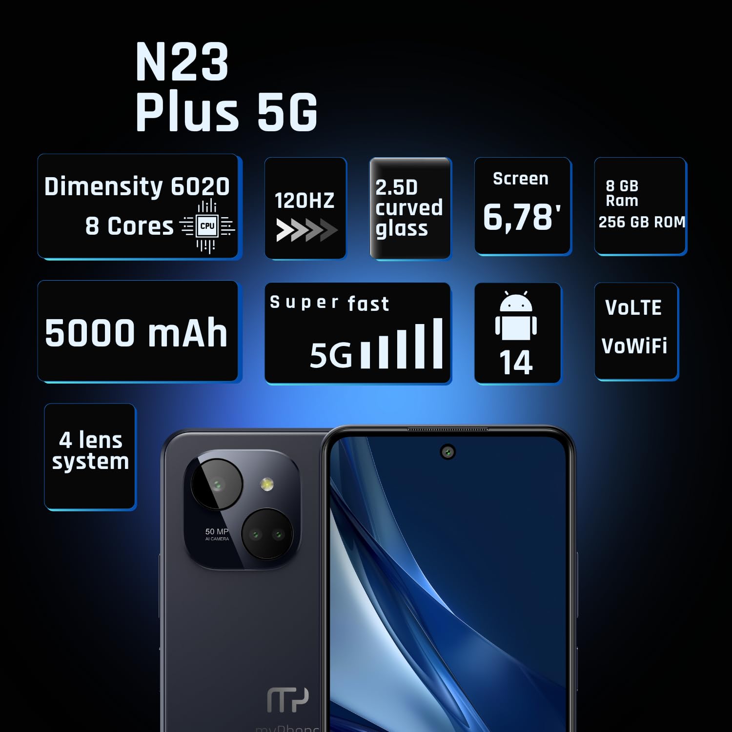 Beperkte slanke en elegante smartphone NFC-functie zonder abonnement, myPhone N23 Plus 5G Midnight Blue batterij 5000 mAh camera 50 mpx, FHD display 256 GB, tot 16 GB RAM Android 14. 6'78 inch