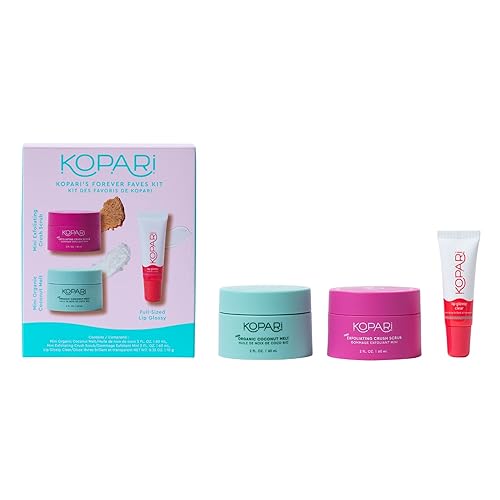 Kopari Forever Faves Bundle  Mini derretimiento de coco orgánico, exfoliante mini exfoliante de coco aplastante, brillo labial hidratante
