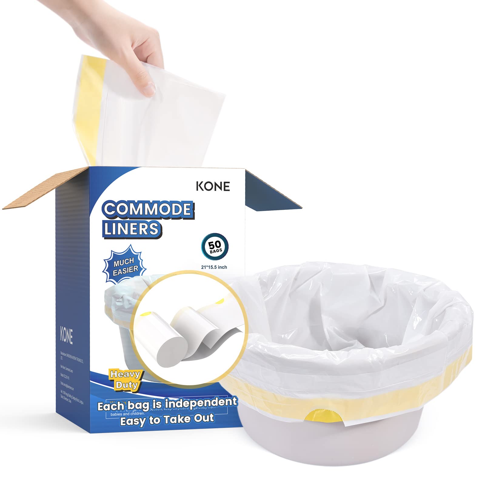KONE 50 Count Commode Liners Disposable Waste Bags Fits All Standard Bedside Portable Toilet Chair Bucket Potty Bedpan Easy to Use