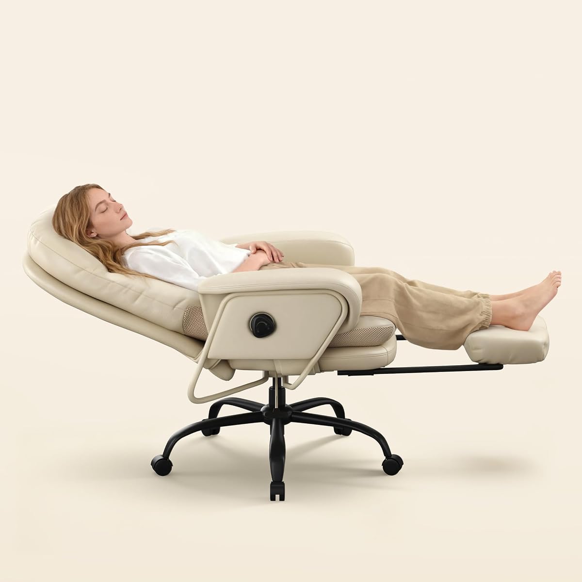 FLEXISPOT 2-in-1 Chaise Lounge Chair Indoor with Wheels Footrest 90-165° Reclining Lumbar Support, Home Office Chairs for Living Room Bedroom Study Working Relaxing, PU Leather, Beige White, HC4