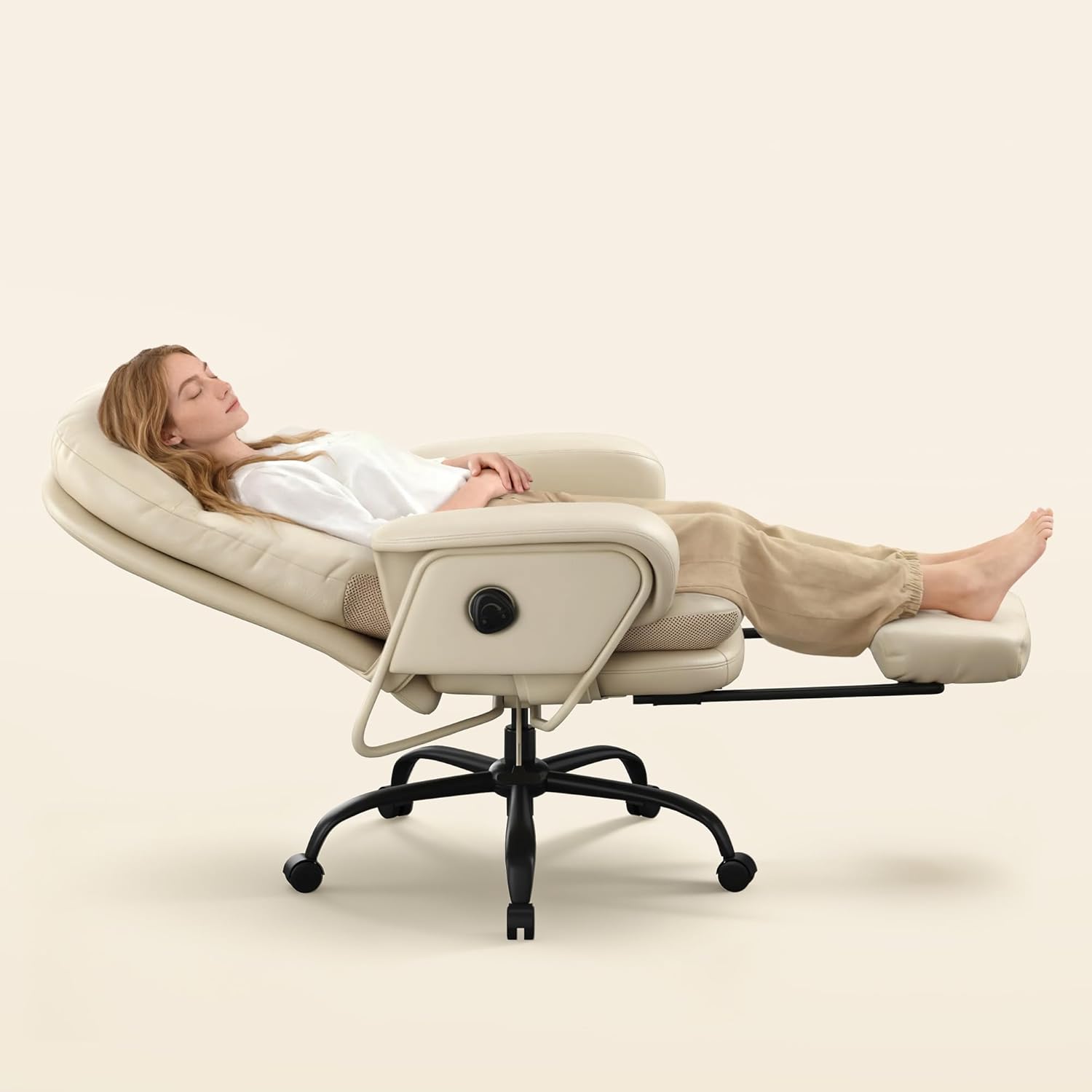 FLEXISPOT Luno 2-in-1 Chaise Lounge Chair Indoor with Wheels Footrest 90-165° Reclining Lumbar Support, Home Office Chairs for Living Room Bedroom Study Working Relaxing, Leather, Beige White