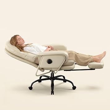 FLEXISPOT 2-in-1 Chaise Lounge Chair Indoor with Wheels Footrest 90-165 Reclining Lumbar Support, Home Office Chairs for Living Room Bedroom Study Working Relaxing, PU Leather, Beige White, HC4