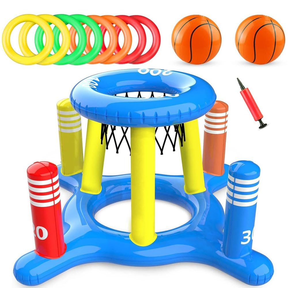 JOAASU Pool Basketball Hoop Set, 2-in-1 Inflatable Basketball Hoop & Ring Toss Games with 2 Basketballs and 8 Rings, Inflatable Swimming Pool Toys for Summer Beach, Water Park, Backyard
