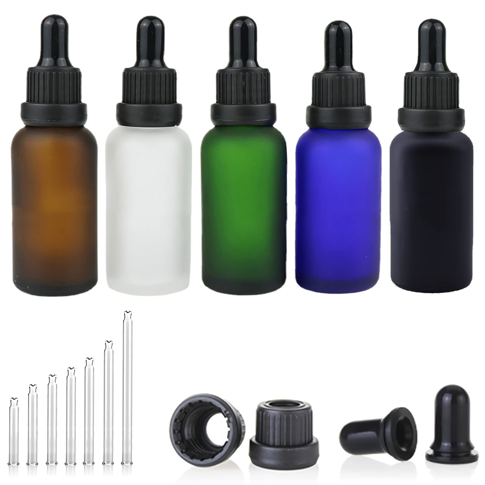 24 Stück 50 ml Gefrostet Schwarzglas Pipettenflasche mit Schwarz Originalitätsverschluss Pipettenring, Leere Klar Glasflasche Glaspipette Tropfflaschen für Ätherische Öle Aromatherapie
