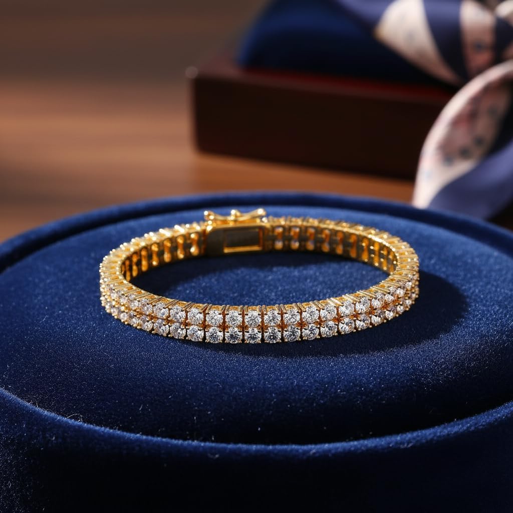 Gemsme 2 Rows Tennis Bracelets for Women Men - 18K Yellow Gold Plated 3mm Round Cut Cubic Zirconia Classic Tennis Bracelet, Size 6.5-8.5 Inch - Image 6