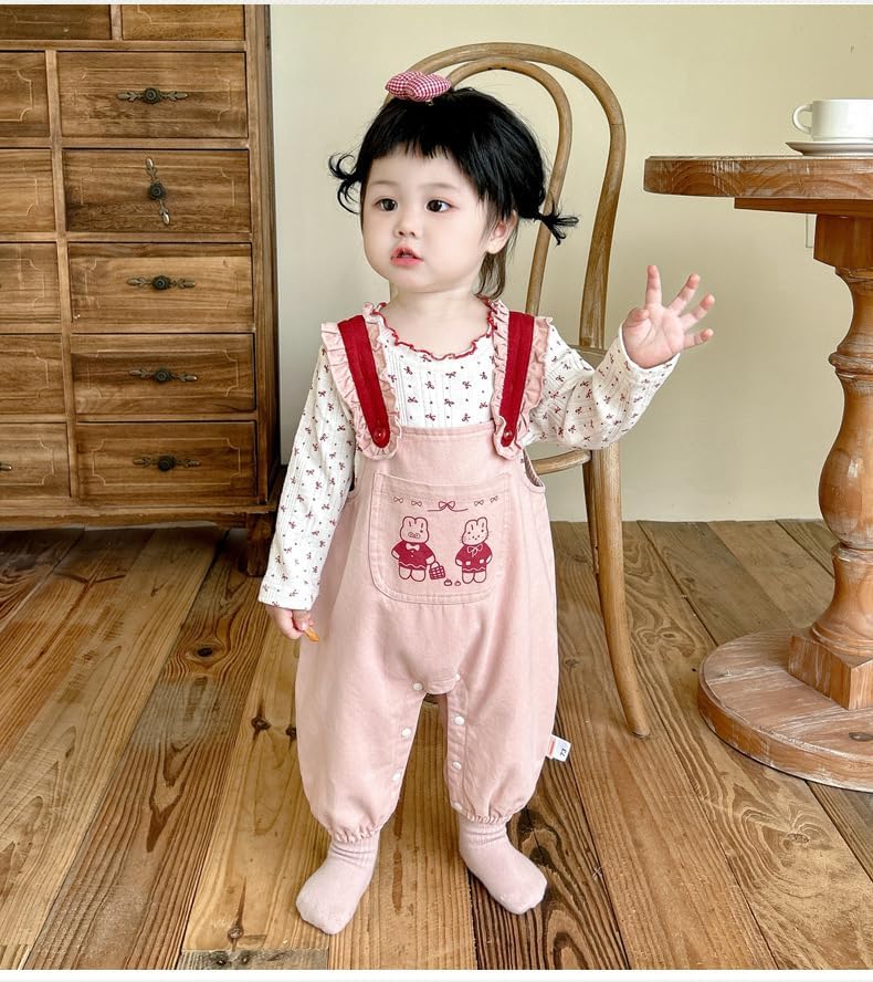 Irsutey Baby Girls Bunny Print Overalls 2-Piece Set, Ruffle Trim Long Sleeve Top & Cute Jumpsuit, Infant Casual Clothing