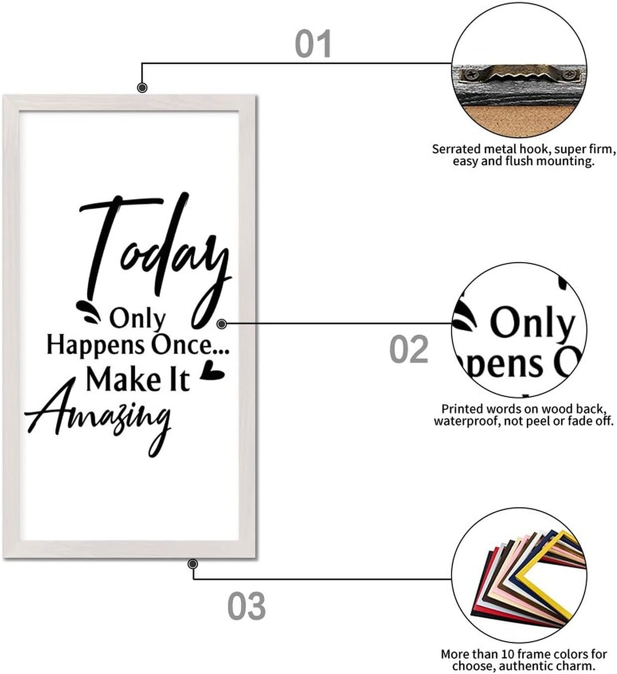 Framed Wood Sign Positive Quotes Today Only Happens Once Make It Amazing Encouragement Quote White Frame Wooden Plaque for CottageCafe Bar Farmhouse Wall Decor Birthday Housewarming Gift 22x12in