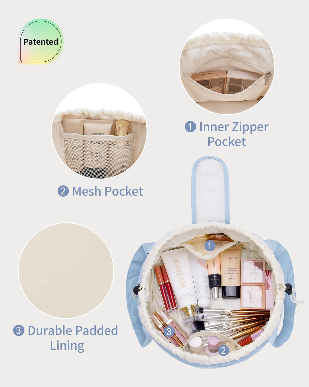 Narwey Lay Flat Open Drawstring Makeup Bag, Large Quilted Cosmetic Bag for Women Girls, Cute Make up Bags with Handle, Portable Travel Toiletry Bag for Skincare, Brushes & Travel Essentials (Blue) - Image 3