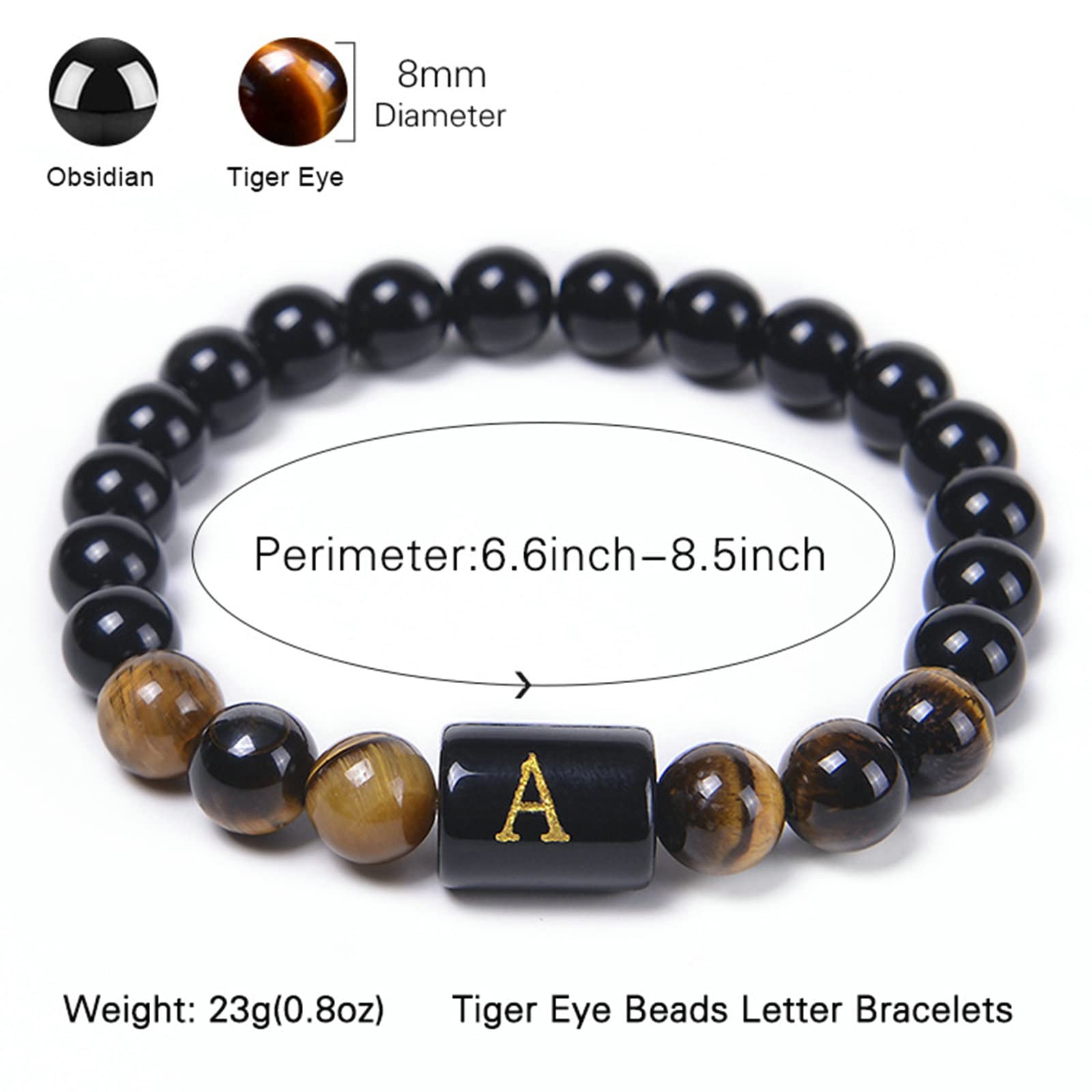Naturstein-Armband für Damen, Tigerauge-Obsidian-Perlen-Buchstabe AZ-Armband, Stretch-Armbänder für Herren, 16,7 cm