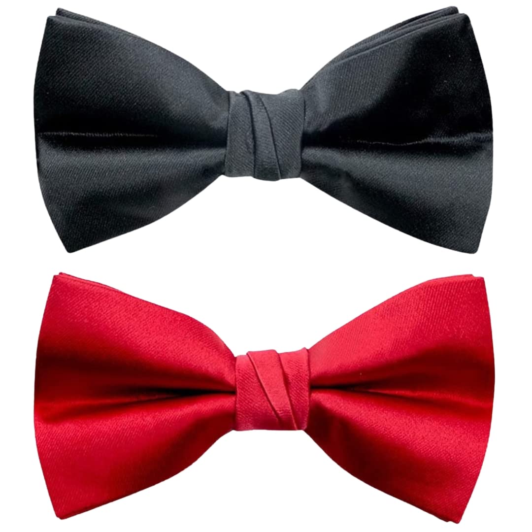 Premium Satin Bow Tie Combo for Men | Adjustable Neckband for Perfect Fit | Handcrafted Bow Tie for Suits, Blazers & Tuxedo for Formal Events & Weddings (Pack of 2) (Black & Red)-image-15