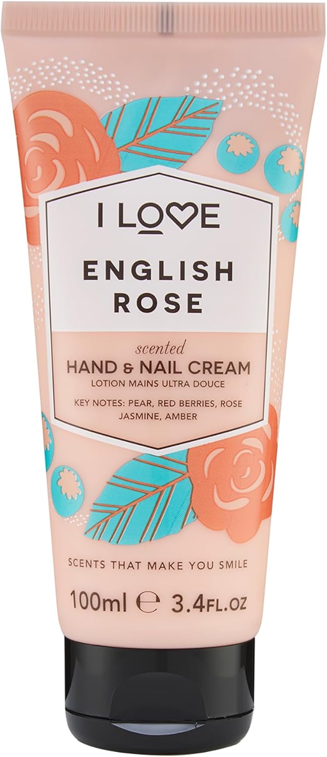 I Love Hand- en nagelcrème met Engelse rozengeur, boordevol sheaboter en kokosolie om de huid te verjongen en te voeden, 93% natuurlijk afgeleide ingrediënten, waaronder vitamine, veganistisch – 100 ml