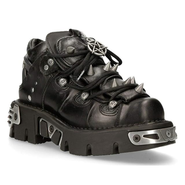 New Rock 110-S1 Womens Black Leather Spiked Ankle Boots