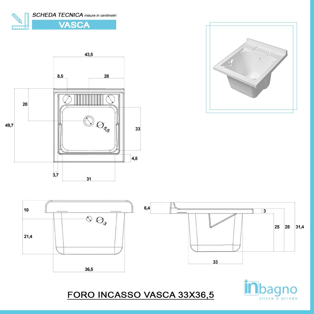 Inbagno Mobile lavatoio salvaspazio 45x50, 1 Anta con Vasca in Resina, Completo di ASSE lavapanni e Kit di Scarico