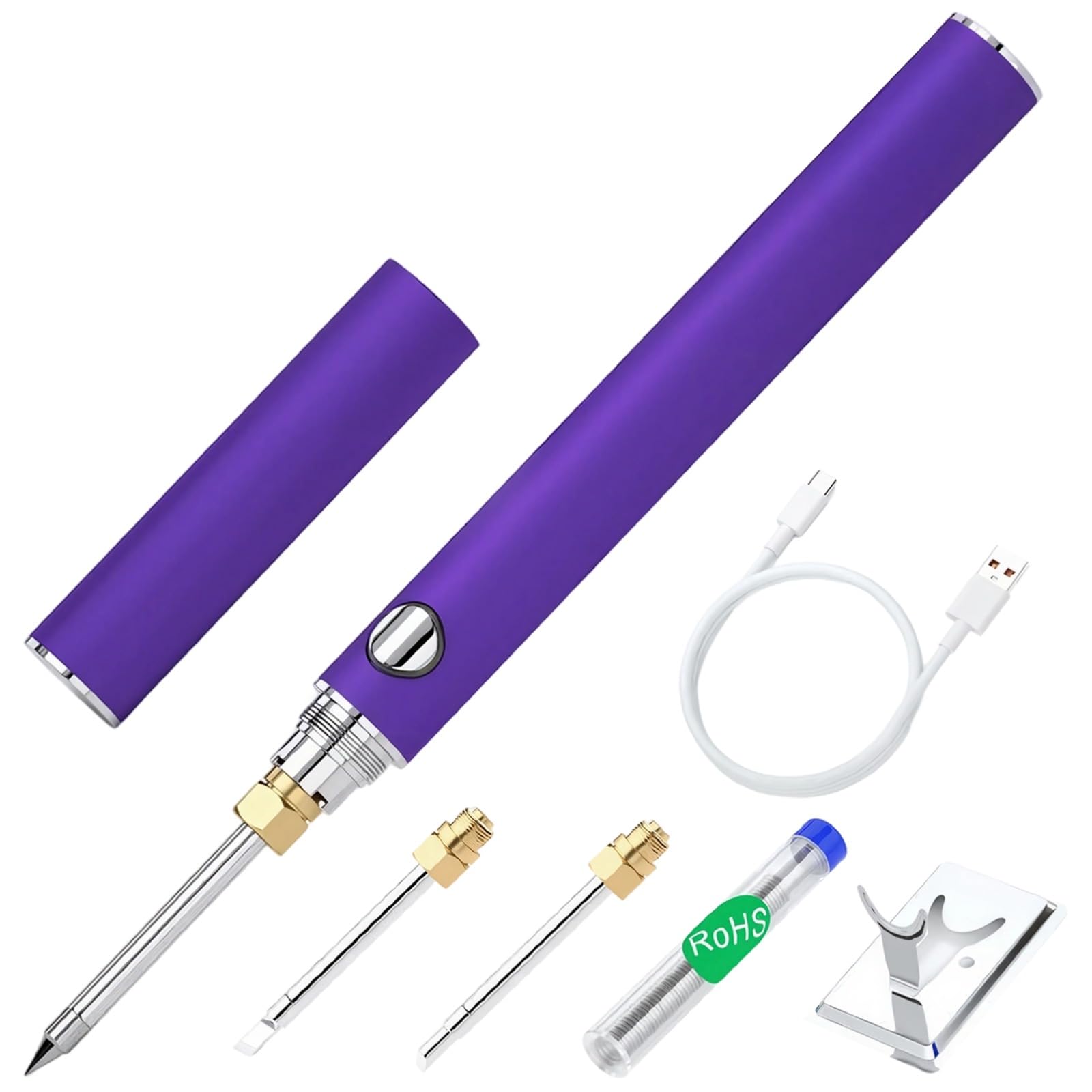 Soldador inalámbrico, soldador portátil recargable por USB con 3 cabezales, cable de soldadura, batería de 1100 mAh, interfaz 510, calentamiento rápido para trabajo al aire libre, morado