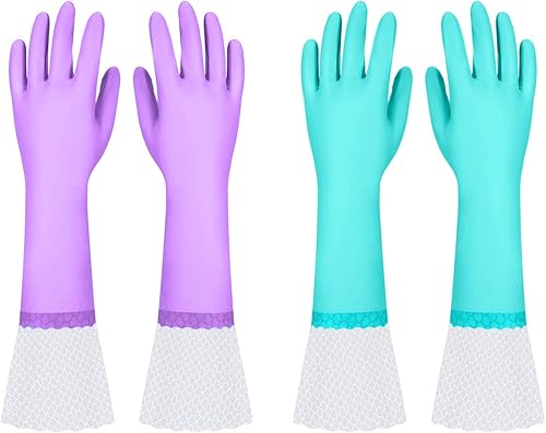 Miniatura 9 de Elgood Guantes reutilizables de limpieza para lavar platos con manga larga, sin látex, forro de algodón, guantes de cocina 2 pares, púrpura+azul
