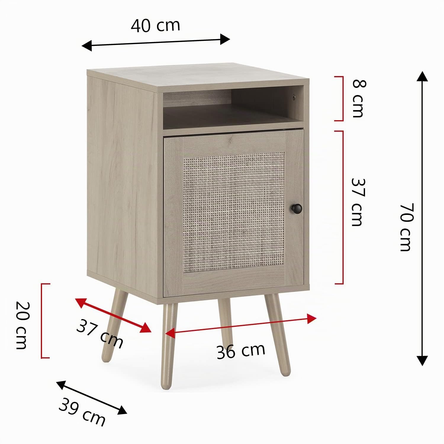 HOMN LIVING Mesita de Noche Bella 1 Puerta Color Roble, ratán Natural, 40 cm (Ancho) 39 cm (Profundo) 70 cm (Altura)