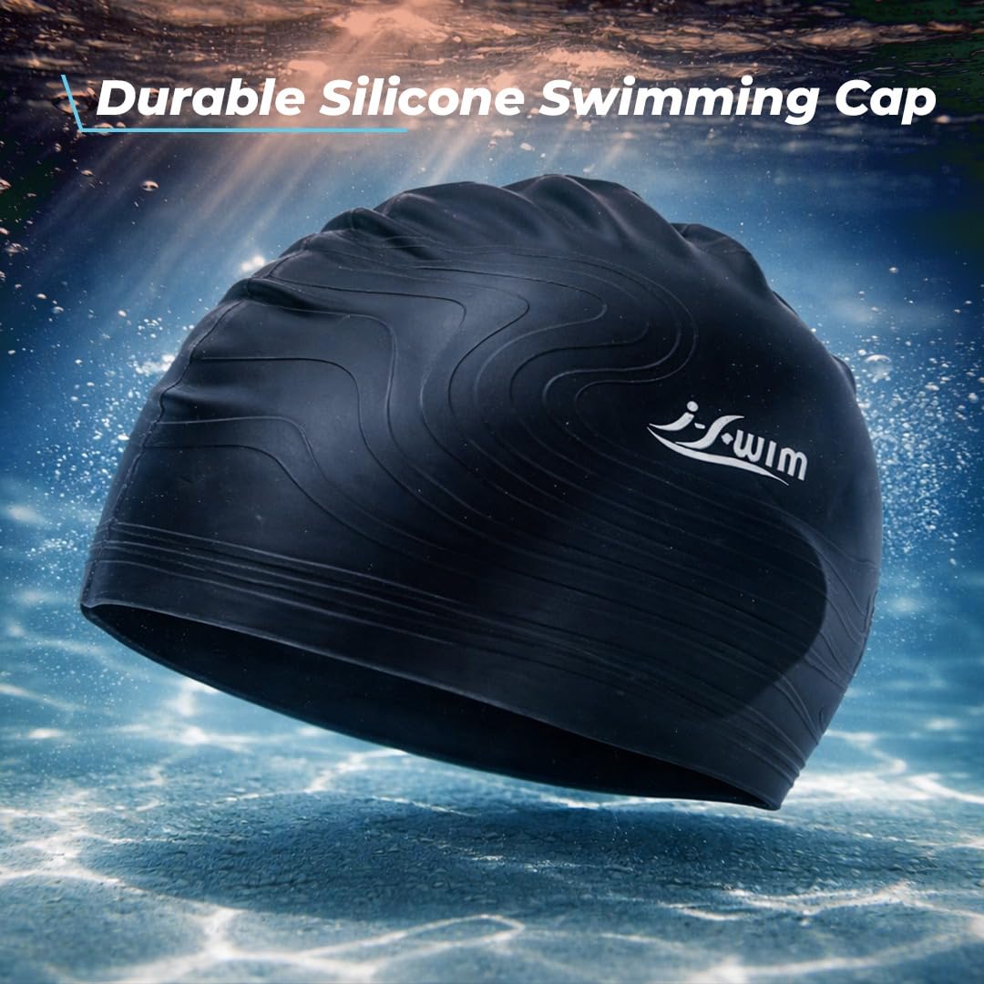 I-Swim Swimming Goggle and Cap Set | For Men & Women's | Material: Silicone | Protecting Hair from Chlorine | Anti-Fog, Leak-Proof Design with Comfortable Fit and UV Protection | Color: Black 1