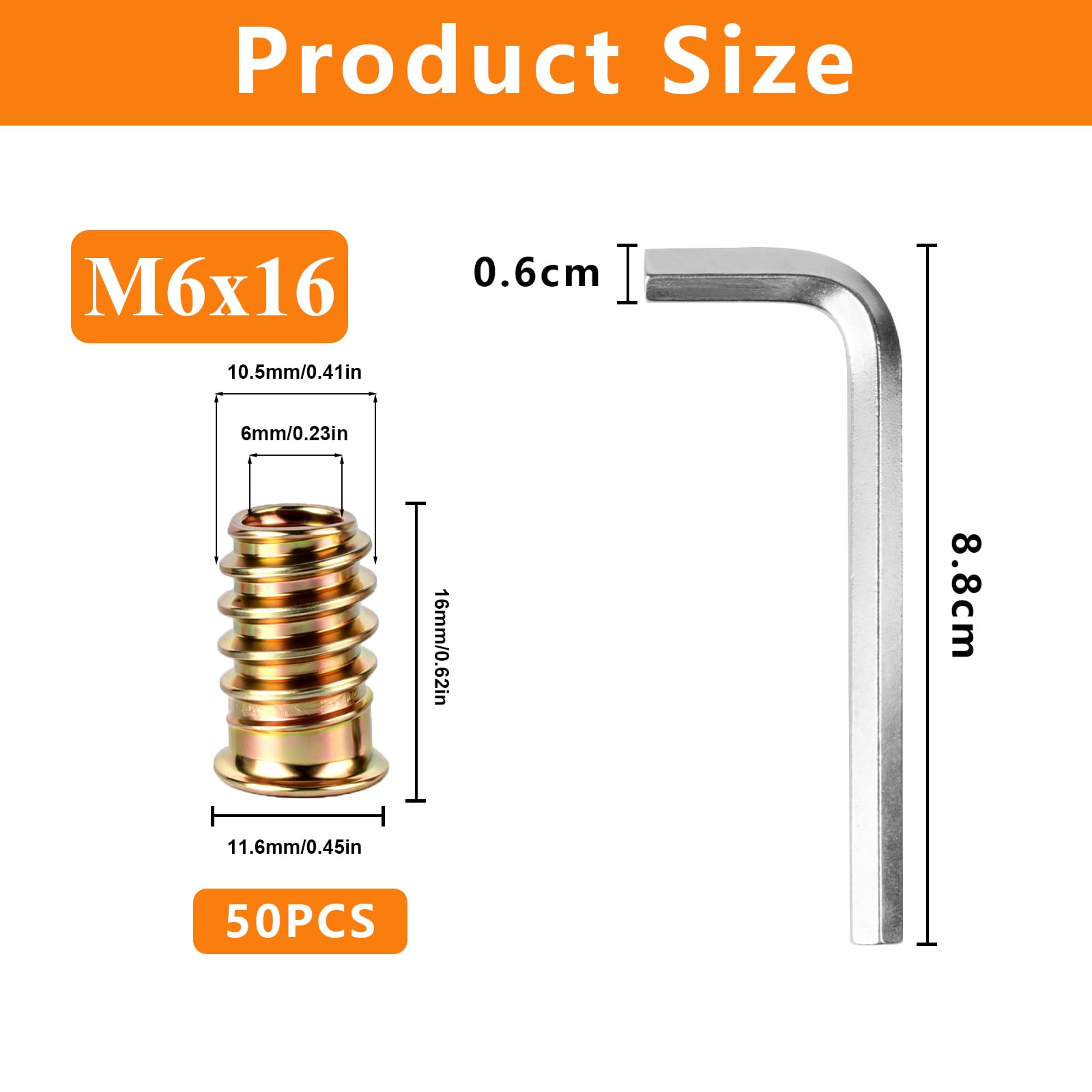 50 Pz Inserti Filettati per Legno, M6 x 16 mm Boccole Filettate per Legno, Inserto Filettato con Testa Esagonale Piatta in Lega di Zinco per Mobili in Legnos, falegnameria progetti, con chiave
