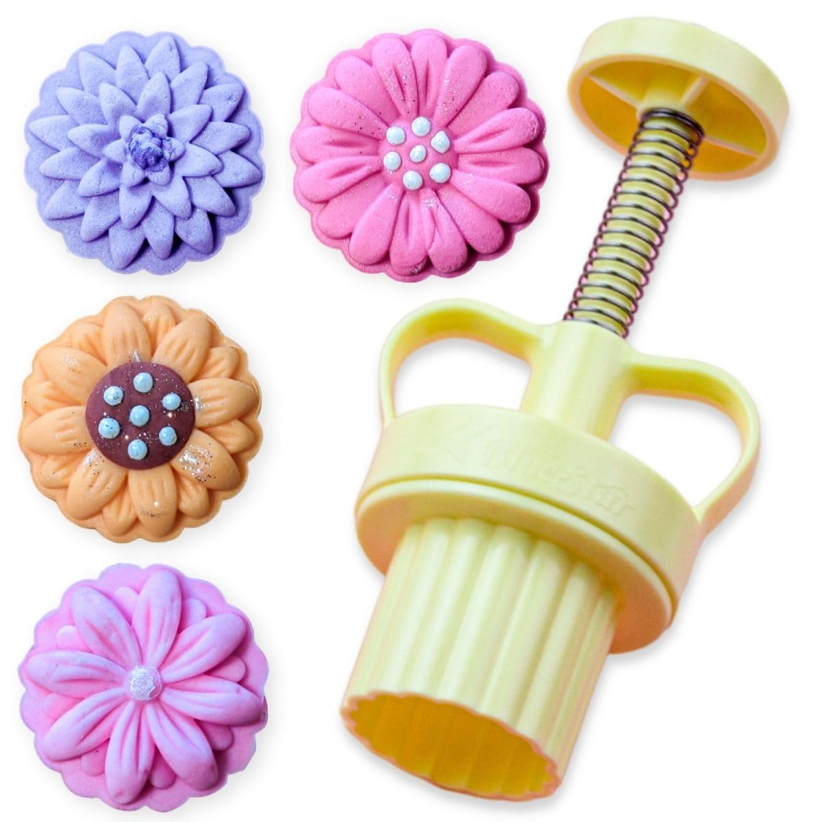 Floral Mold Press For Cookies and Pastries, Hand Press, Bluestar MAX - 4 Piece Flower Stamp and Mold Kit for Cake Decorating - Daisy, Gerbera, Chrysanthemum and Sunflower Themes