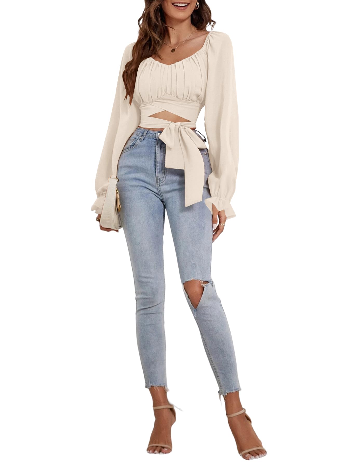 Rooscier Women's Ruched Wrap Square Neck Flounce Long Sleeve Self Tie Crop Top Blouse