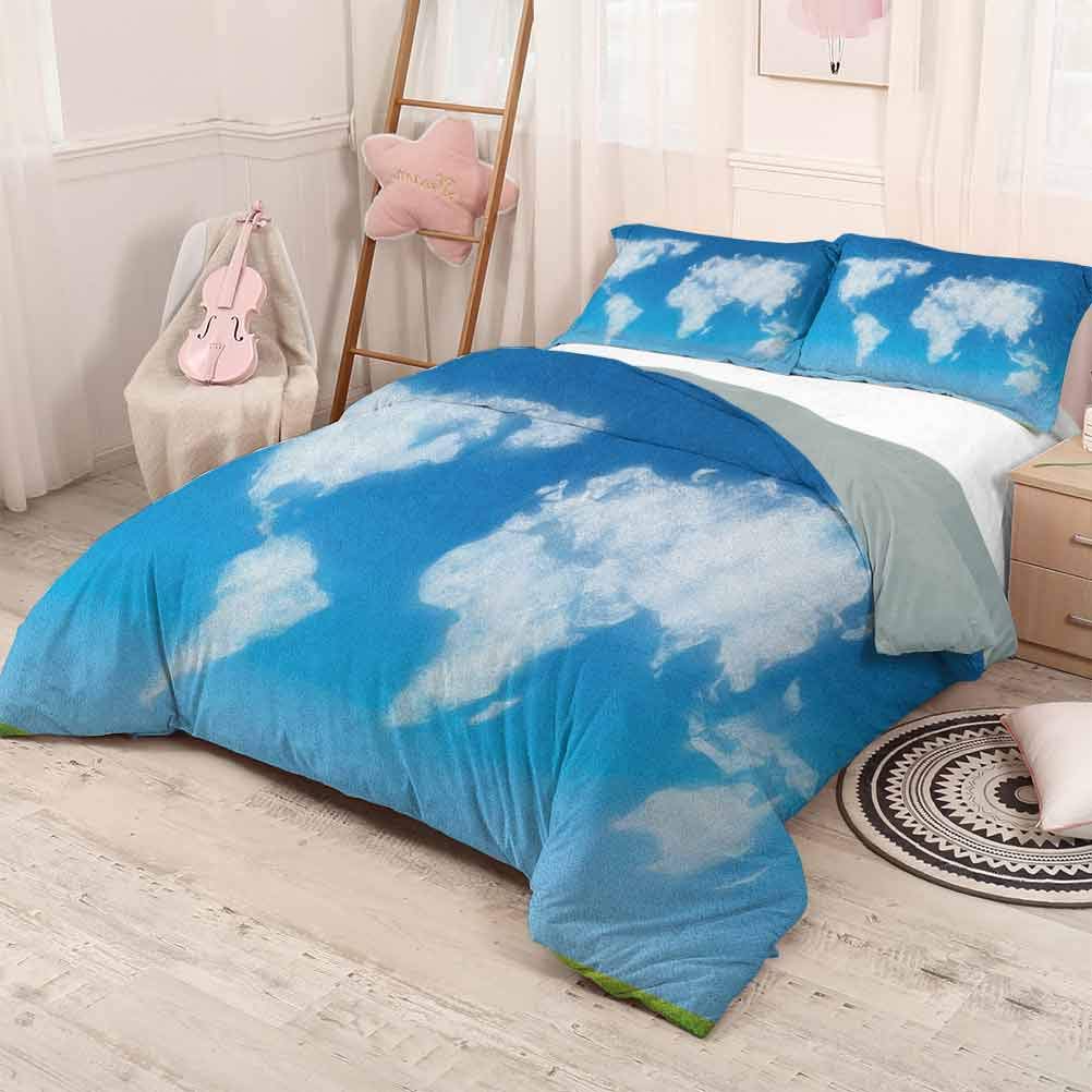 prunushome World Map Bedspread Coverlet SetGraphic Design of Shaped Clouds in The Sky with Colors Nature Art Print Printing Bedclothes Decor Blue Green White 90x90in/20x30inx2