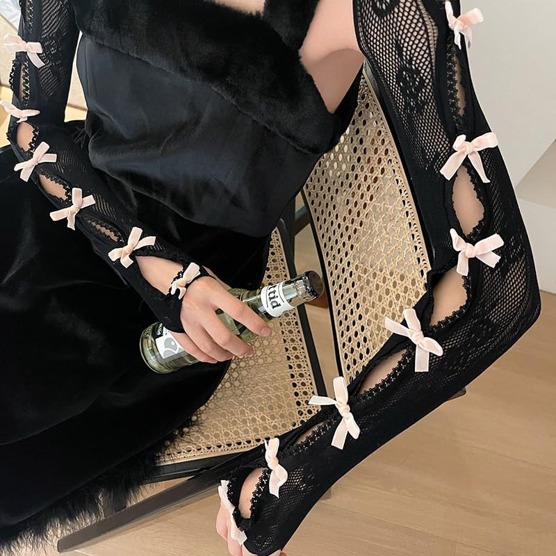 Image of Women Kawaii Lace Bolero Y2K Sheer Mesh Shrug Lolita Bowtie Fishnet Shawl Cute Sweet Arm Sleeves Y2K Accessories