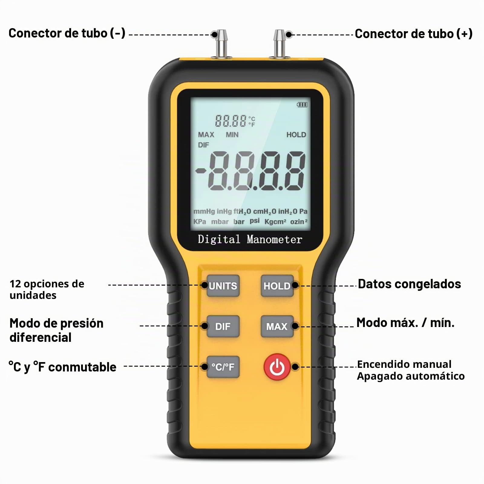 BTMETER Manómetro Medidor de presión de aire de gas, manómetro de doble puerto Manómetro diferencial de presión, para horno de gas HVAC, manómetro digital con retroiluminación 12 unidades de medida
