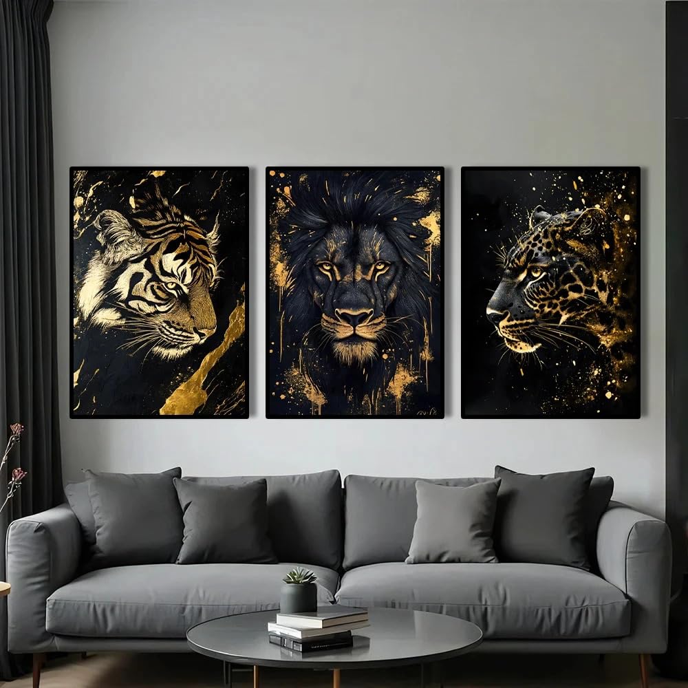 Pósteres de tigre, león y guepardo, láminas abstractas de arte animal en negro y dorado, lienzos decorativos para el hogar (70x100cm/3 piezas sin marco).