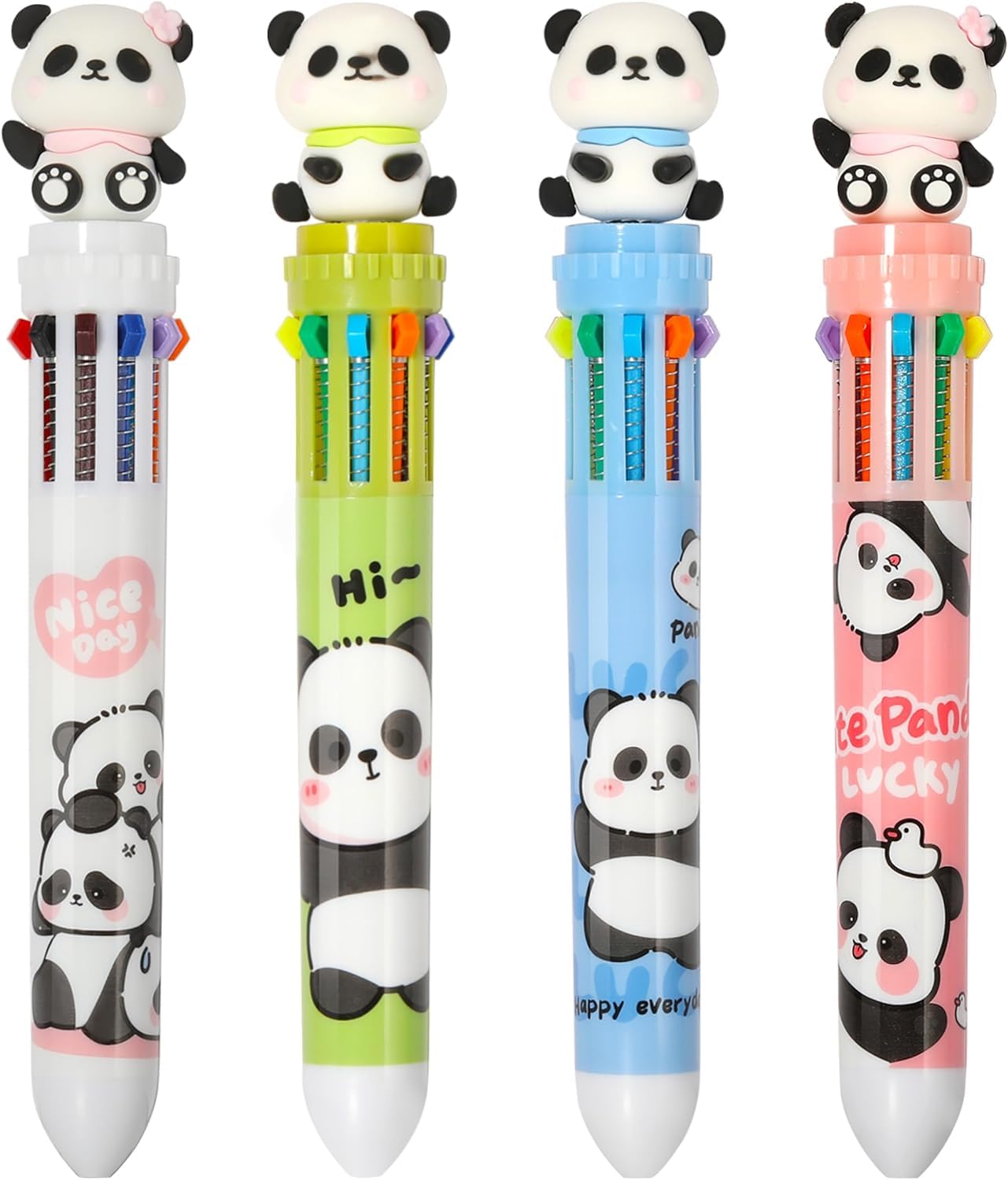10-in-1 Multicolor Ballpoint Pen, 4Pcs 0.5mm 10 Colors Shuttle Retractable Ballpoint Pen, Cute Cartoon Ballpoint Pens for Smooth Writing for Kids School Office Children Gift (Panda Shape)