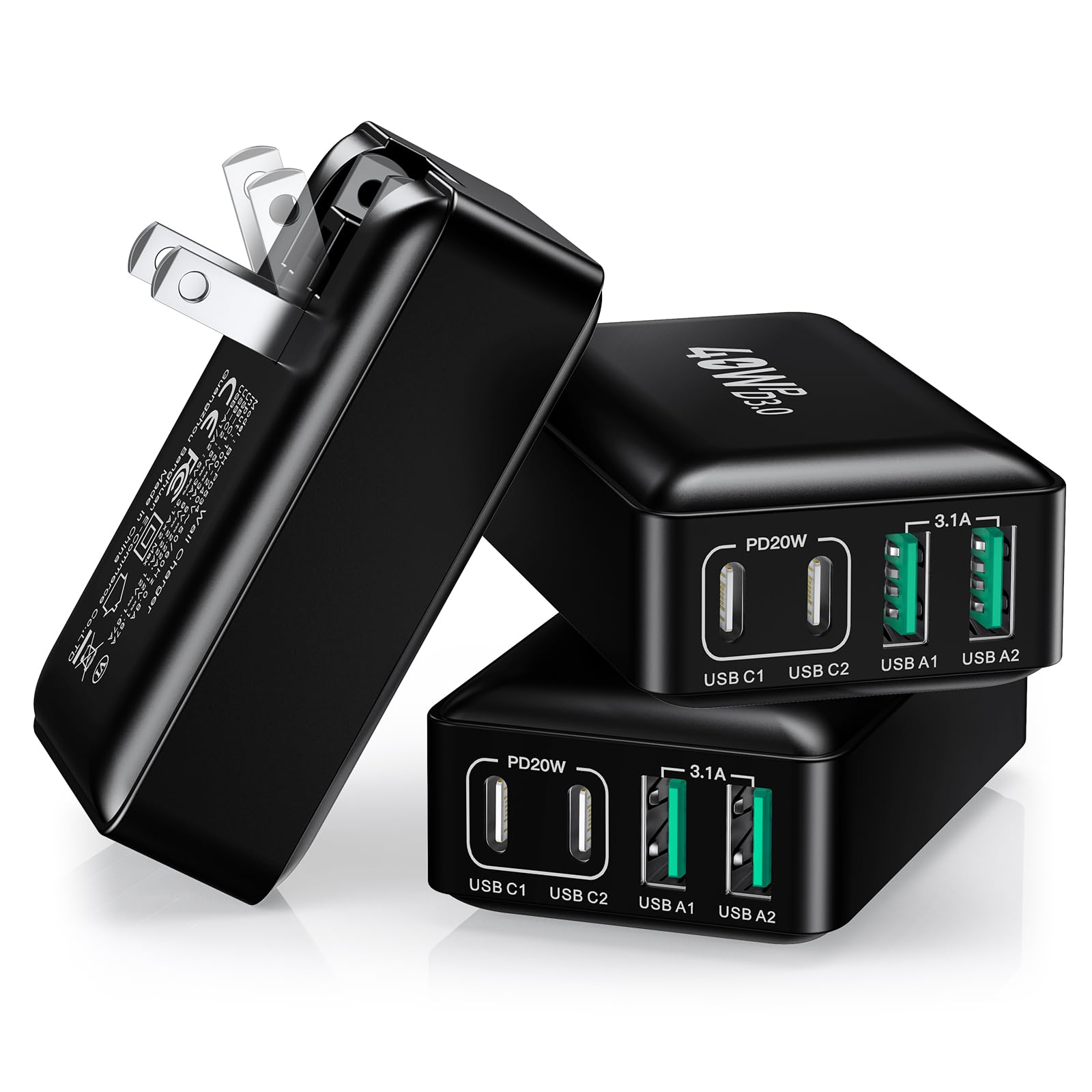 [3-Pack] Flat USB C Wall Charger, 40W Slim Fast USB C Charger Block, 4-Port PD Power Adapter + QC Wall Plug Multiport Type C Charging Block Cube Compatible with iPhone 15 14 13 12 11 Pro Max,Samsung