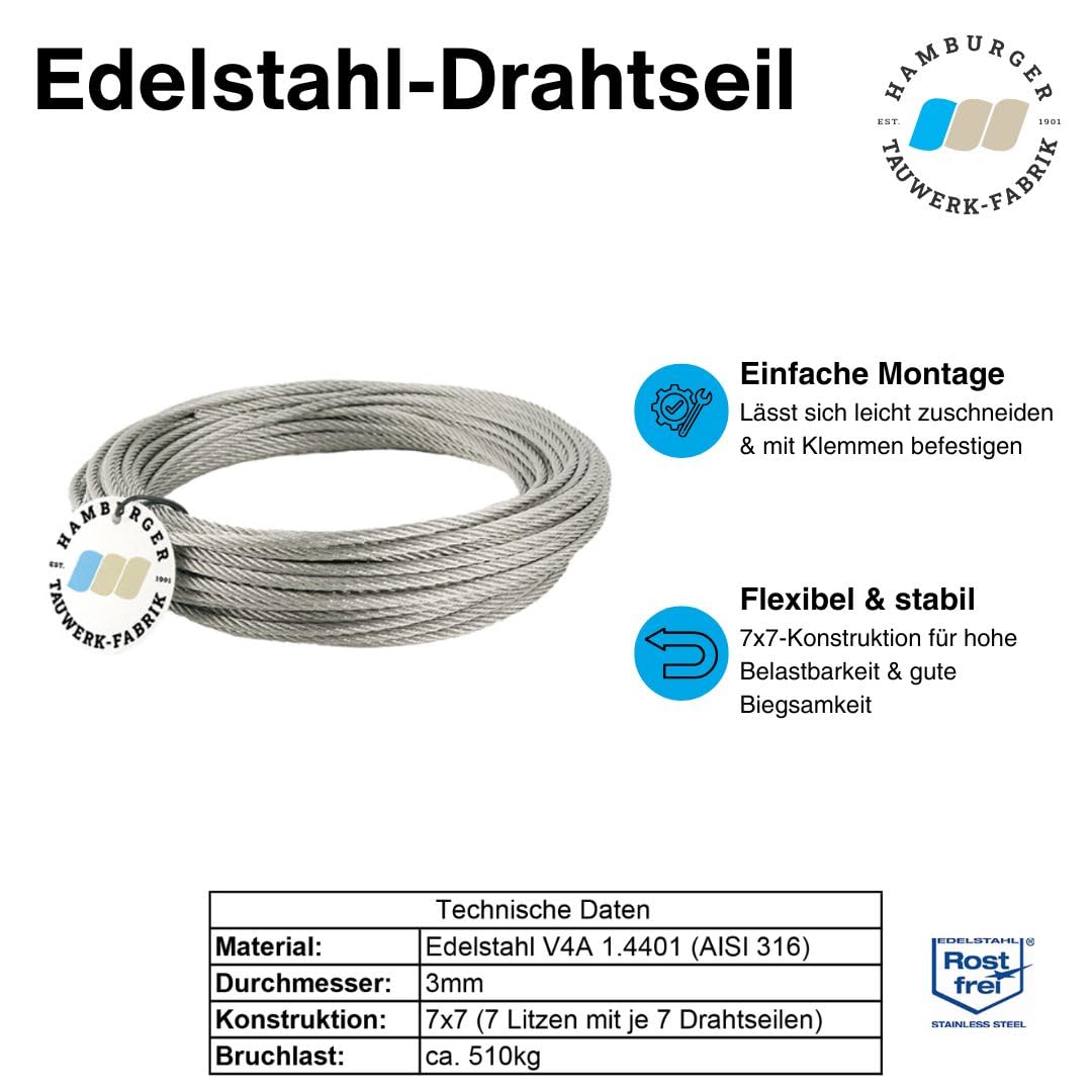 30 Meter - 3mm Edelstahldrahtseil 7x7 V4A Inox rostfrei Drahtseil Stahlseil Geländerseil