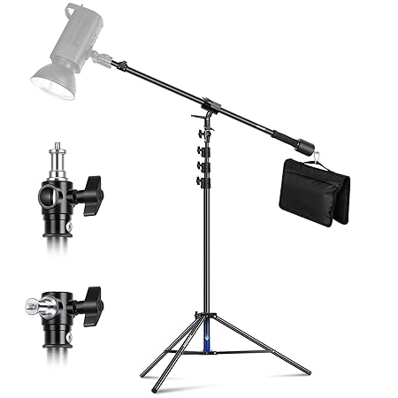 NEEWER Air Cushioned Aluminum Light Stand, 9.8ft/3m Adjustable Photography Stand with Boom Arm, Counterweight, Sandbag, 1/4