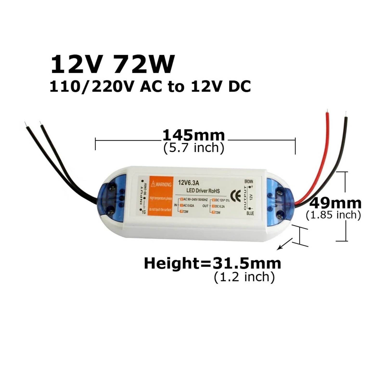 Adaptador de controlador LED de fuente de alimentación de 5V 12V 60W 72W 100W CA 110V 220V a CC 5V 12V 6A 8A 12A 20A Transformador de luz de tira LED Atenuador LED de cable de 2 pines(12V 8A 100W)