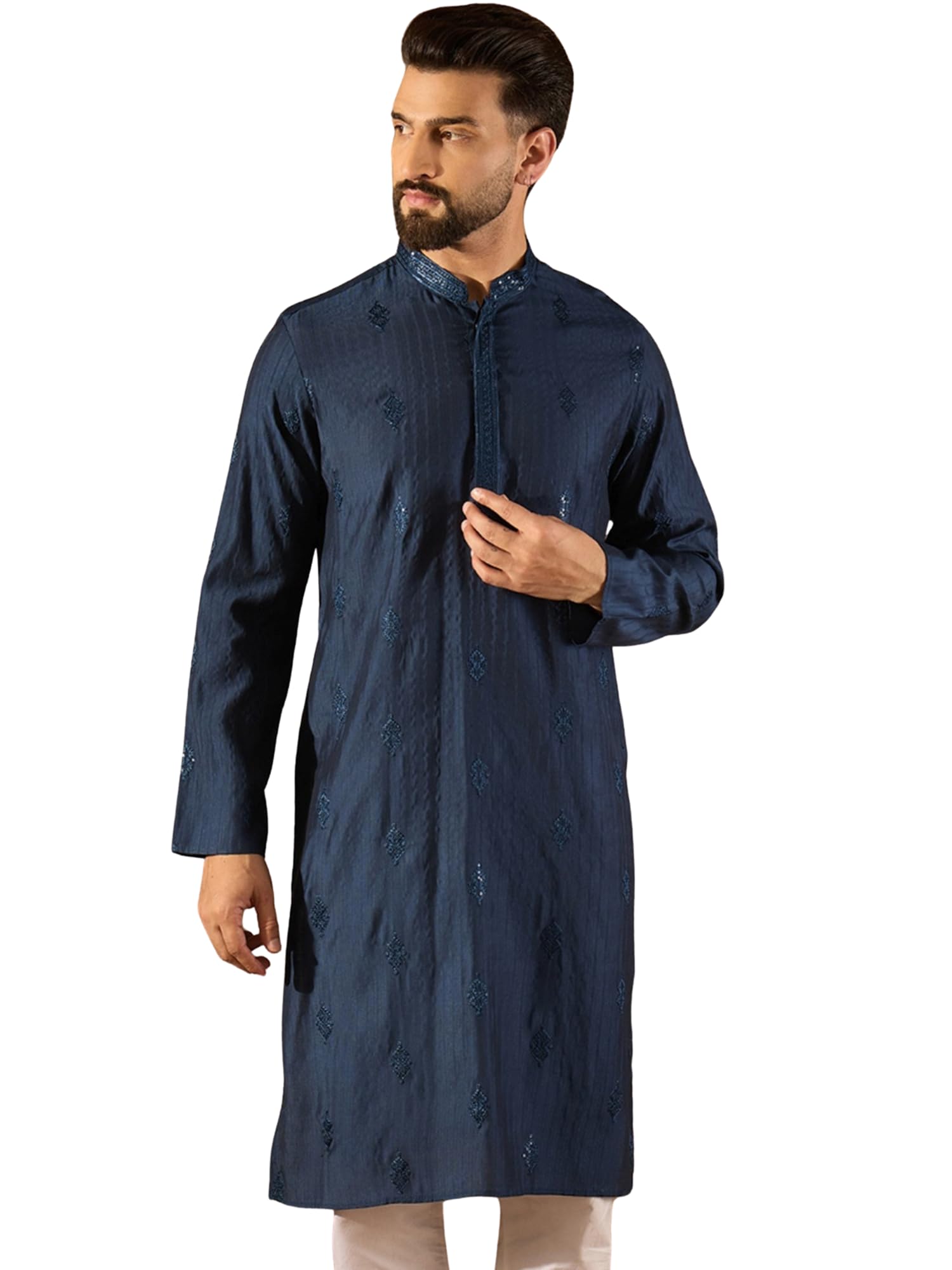 ethnic bay Men's Blue Viscose Rayon Solid Embroidered Design Calf Length Kurta Set | Embroidered Design Kurtas Sets For Mens | Straight Fit Kurta's For Men-picture-39