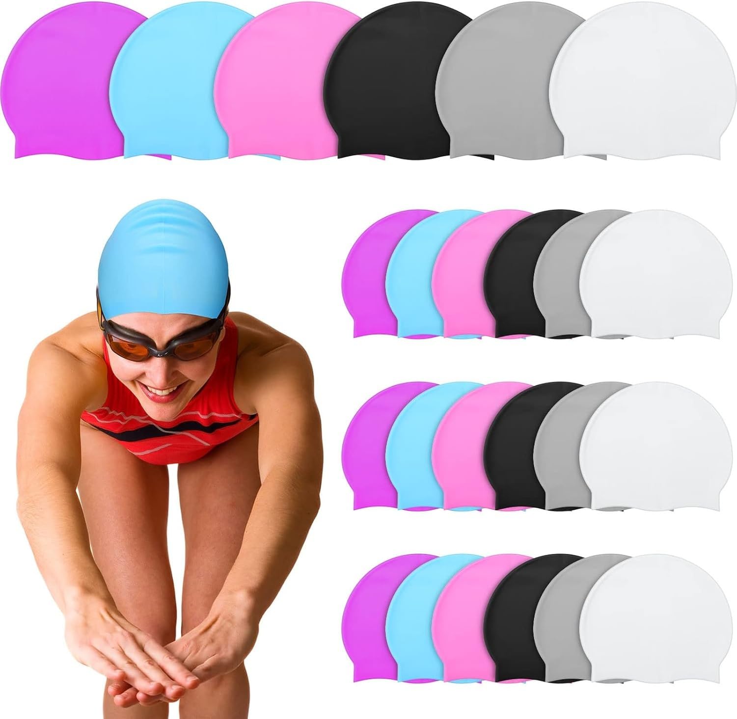HURUMA Gorro de natación silicona 24 piezas 6 Colores Unisex Adulto sin arrugas Sombrero natación para Hombres y Mujeres entrenamiento y carreras protección Cabello im