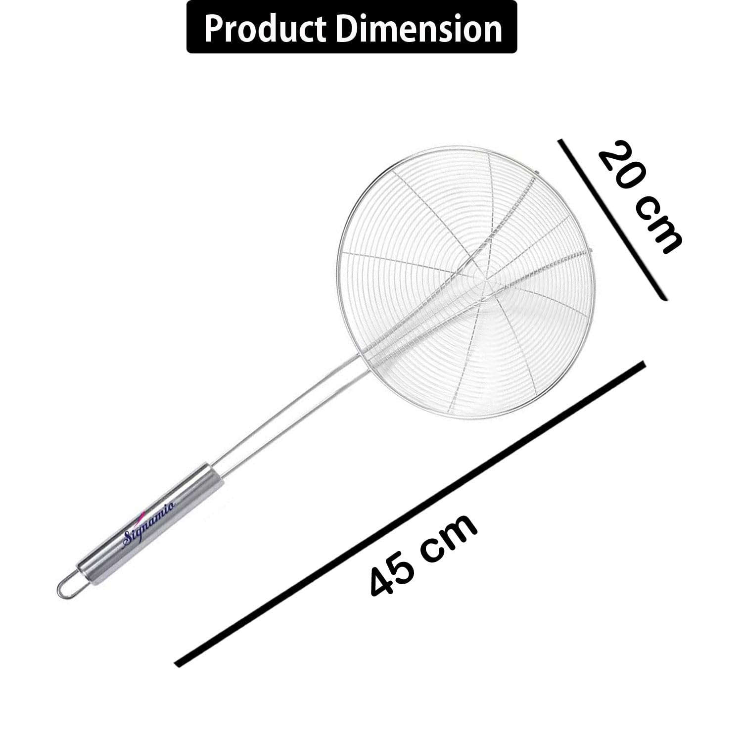 Signamio Cuchara de acero inoxidable de 20 cm de diámetro, colador de aceite para cocina, cuchara de freír para colador Puri y Poori, utensilio de cocina para freír, cocinar y colar, herramienta de