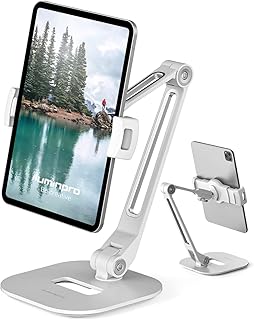 iPad Tablet Stand, Iluminpro Aluminum Heavy Base Desktop Phone Stand, Fits 4.7" - 11" Tablet/Phones, Long Arm Folding with 360° Swivel Holder for iPad Pro, Mini, Air, Tabs, Kindle, iPhone 13 (White)