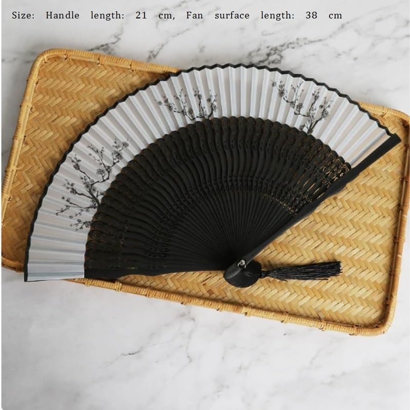 Black Hand Fan with Plum Blossom Print Vintage Folding Tassel for Daily Party Use