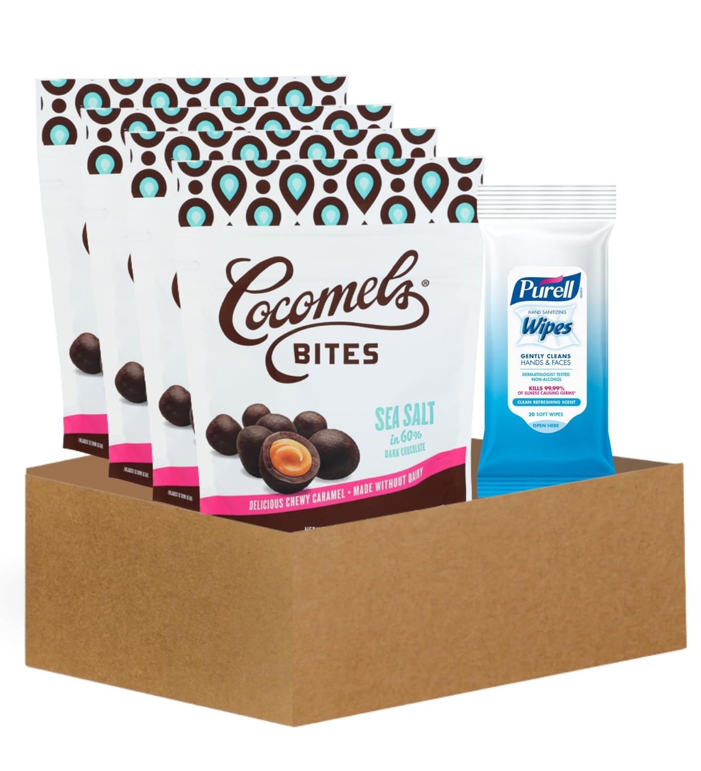 4x Caramels Sea Salt Bites – 3.5OZ Bundle with Fresh Scent Hand Sanitizing Wipes – Organic Dark Chocolate & Coconut Milk with Salted Caramels with – Gift Set (5 Items)